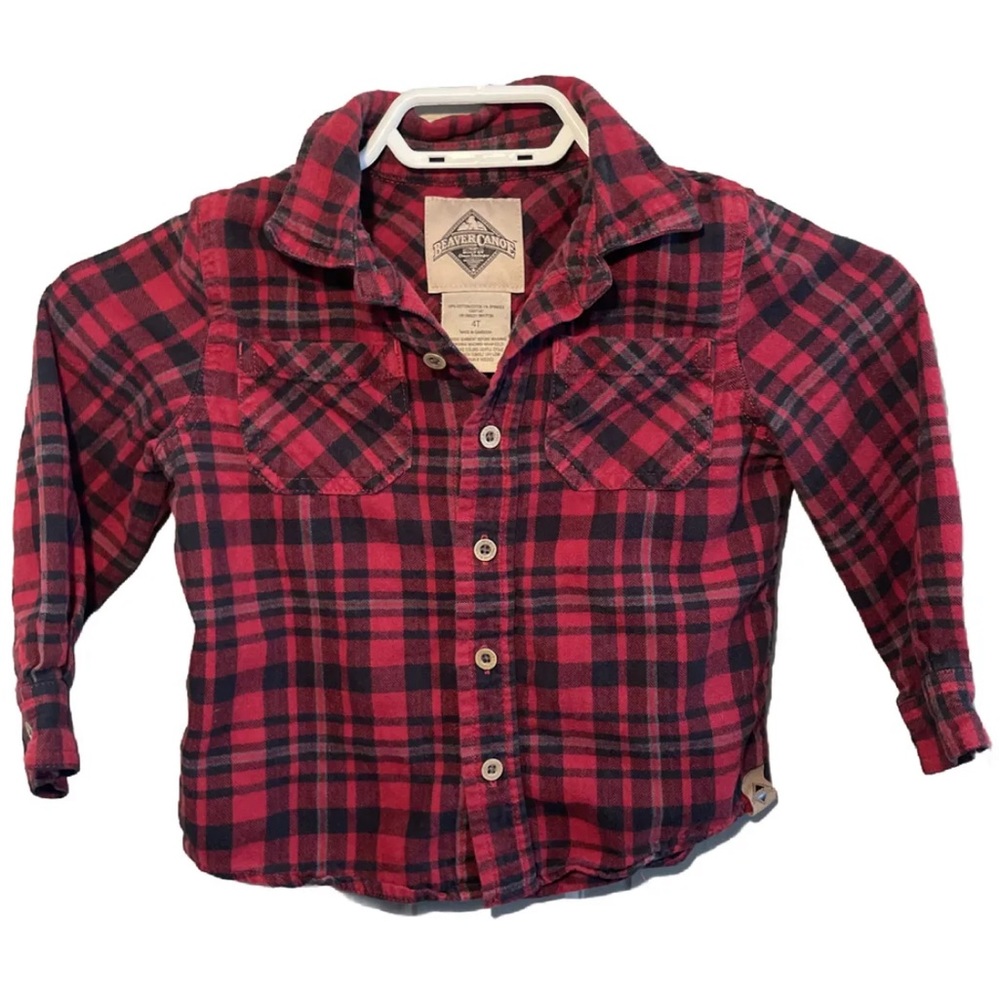 🔥5/$20🔥 Vintage Beaver Canoe Flannel Toddler Button Up Shirt Red Plaid Size 4T